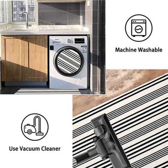 Black & White Striped24'' x 51'' Front Porch Rug Hand-Woven Machine Washable Mat - Picture 2 of 6